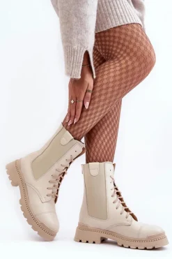 Boto Damskie Trapery|Botki Skórzane*Skórzane Damskie Botki Workery Sznurowane Jasnobeżowe Nicole 2836 Beżowy