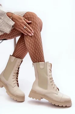 Boto Damskie Trapery|Botki Skórzane*Skórzane Damskie Botki Workery Sznurowane Jasnobeżowe Nicole 2836 Beżowy