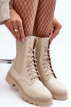 Boto Damskie Trapery|Botki Skórzane*Skórzane Damskie Botki Workery Sznurowane Jasnobeżowe Nicole 2836 Beżowy