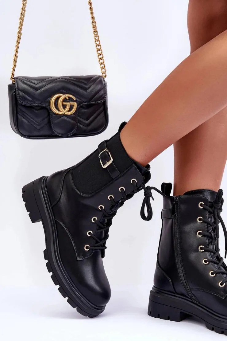 Best Boto Skórzane Damskie Botki Workery Czarne Chrezy