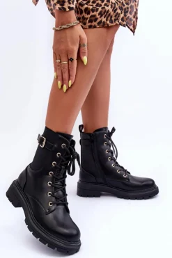 Best Boto Skórzane Damskie Botki Workery Czarne Chrezy