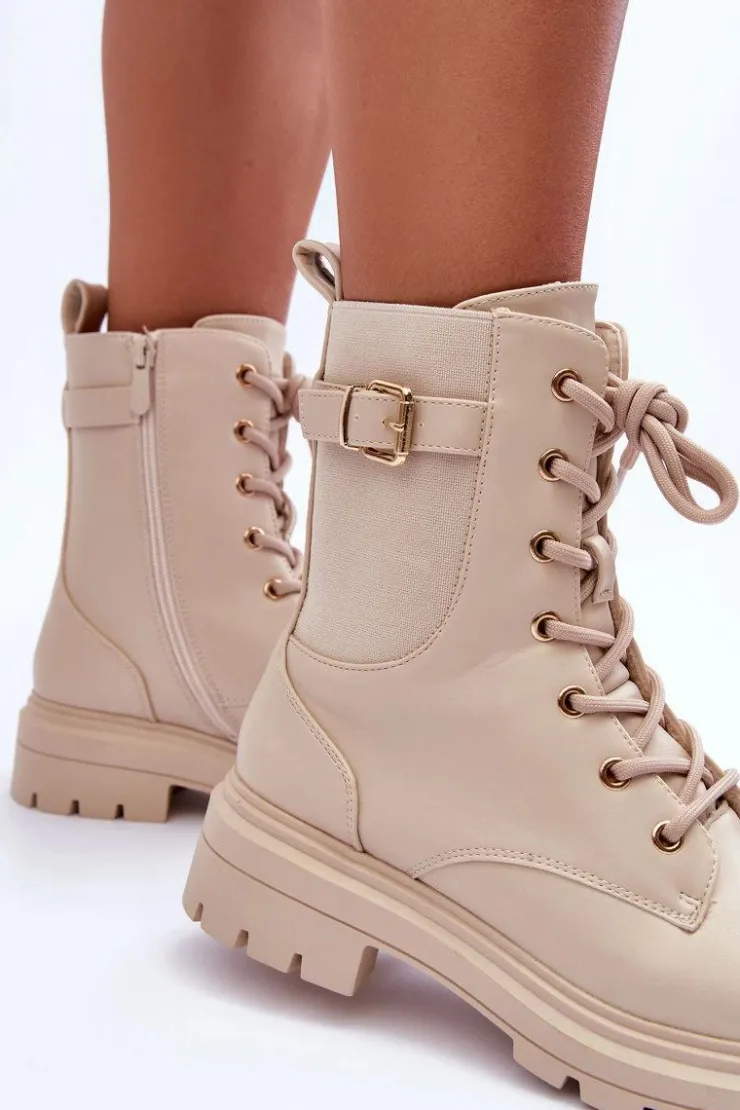 Online Boto Skórzane Damskie Botki Workery Beżowe Chrezy