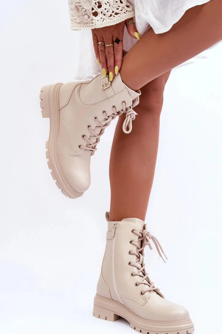 Online Boto Skórzane Damskie Botki Workery Beżowe Chrezy