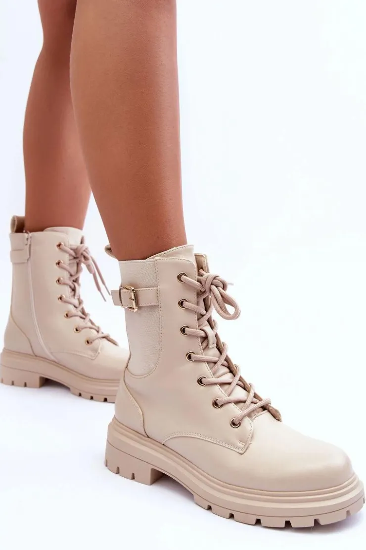 Online Boto Skórzane Damskie Botki Workery Beżowe Chrezy
