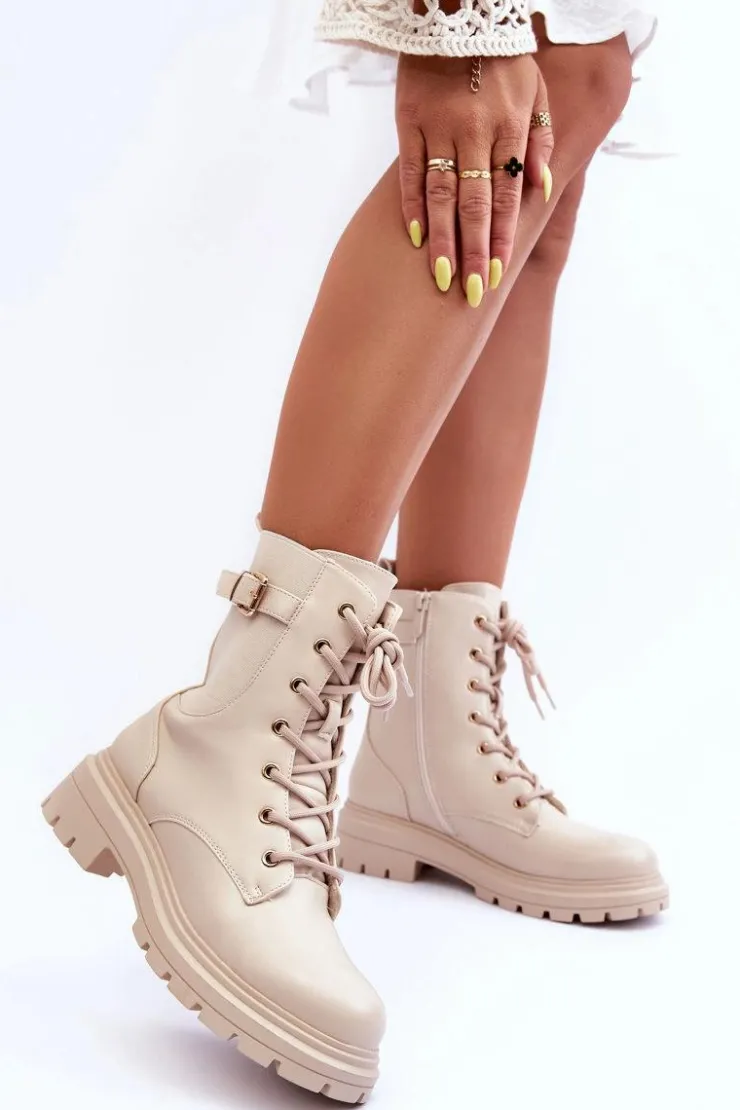 Online Boto Skórzane Damskie Botki Workery Beżowe Chrezy