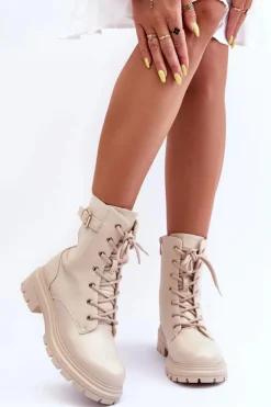 Online Boto Skórzane Damskie Botki Workery Beżowe Chrezy