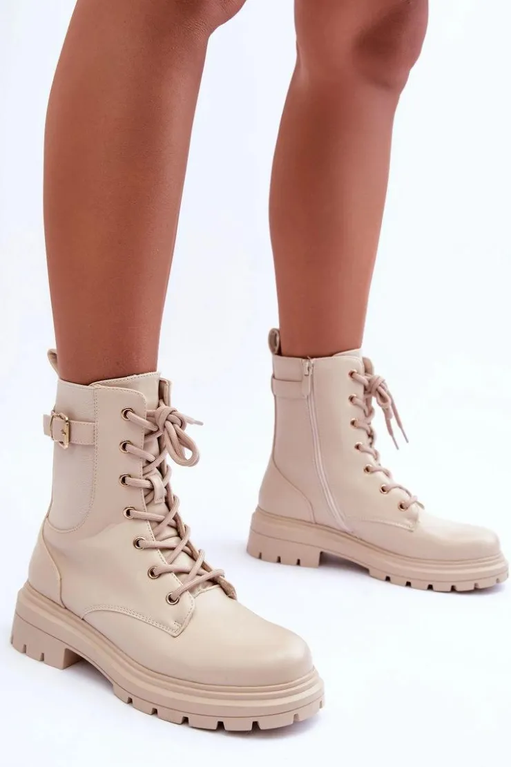 Online Boto Skórzane Damskie Botki Workery Beżowe Chrezy