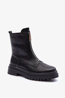 Damskie Boto Skórzane Damskie Botki Z Suwakiem Czarne Chlorike