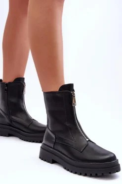 Damskie Boto Skórzane Damskie Botki Z Suwakiem Czarne Chlorike