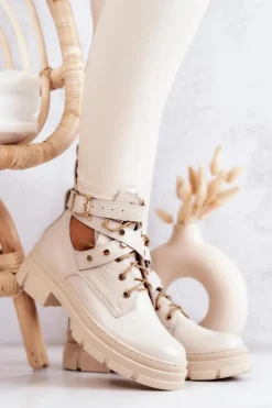 Damskie Boto Skórzane Damskie Botki Z Wycięciami Jasnobeżowe Everly