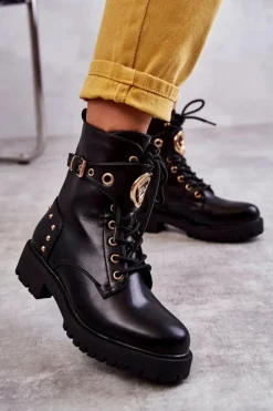 Boto Skórzane Damskie Botki Z Ćwiekami Czarne Leticia