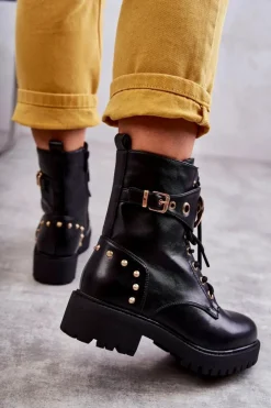 Boto Skórzane Damskie Botki Z Ćwiekami Czarne Leticia