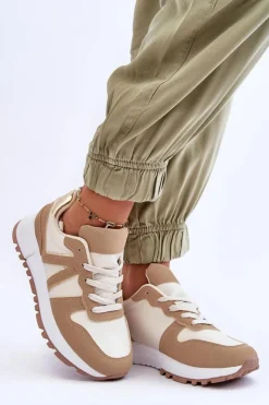 Outlet Boto Skórzane Damskie Buty Sportowe Brązowo-Beżowe Kabama