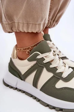 Damskie Boto Skórzane Damskie Buty Sportowe Zielono-Beżowe Kabama