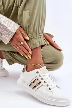 Best Boto Skórzane Damskie Buty Sportowe Zwierzęcy Wzór Białe Rilee