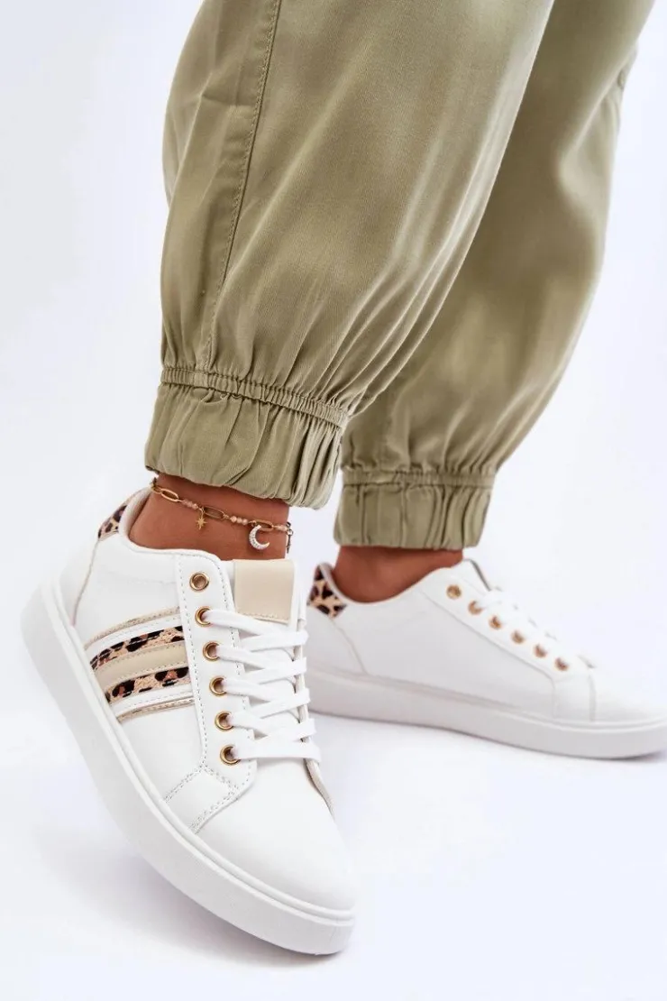 Best Boto Skórzane Damskie Buty Sportowe Zwierzęcy Wzór Białe Rilee