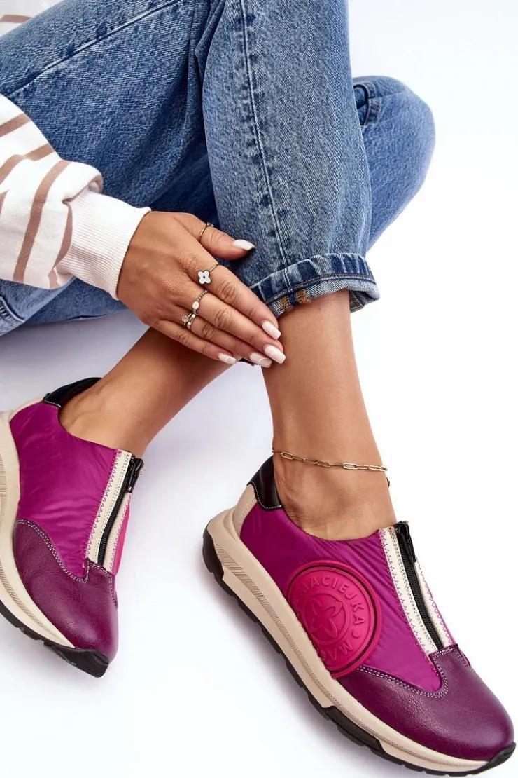 Maciejka Buty Sportowe Na Platformie*Skórzane Damskie Buty Sportowe 06296-15 Fuksja