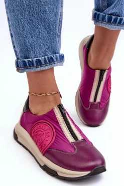 Maciejka Buty Sportowe Na Platformie*Skórzane Damskie Buty Sportowe 06296-15 Fuksja