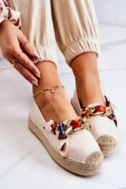 Damskie Boto Skórzane Damskie Espadryle Z Łańcuchem Jasnobeżowe Fancy