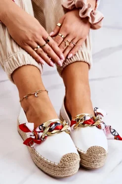 Hot Boto Skórzane Damskie Espadryle Z Łańcuchem Białe Fancy