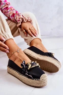 Boto Czarne Espadryle*Skórzane Damskie Espadryle Z Łańcuchem Czarne Fancy