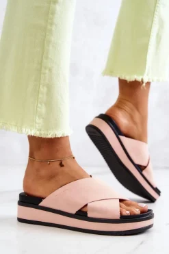 Big Star Shoes Klapki Damskie Big Star|Klapki Damskie Klasyczne*Skórzane Damskie Klapki Big Star JJ274722 Różowe