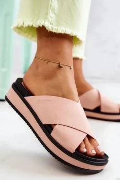 Big Star Shoes Klapki Damskie Big Star|Klapki Damskie Klasyczne*Skórzane Damskie Klapki Big Star JJ274722 Różowe