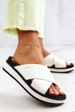 Damskie Big Star Shoes Skórzane Damskie Klapki Big Star JJ274723 Białe