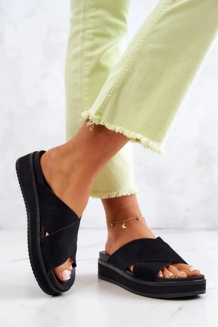 Big Star Shoes Skórzane Damskie Klapki Big Star JJ274721 Czarne