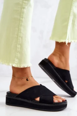 Big Star Shoes Skórzane Damskie Klapki Big Star JJ274721 Czarne