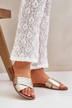 Best Boto Skórzane Damskie Klapki Lewski Shoes 3682 Złote Złoty