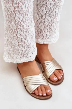 Best Boto Skórzane Damskie Klapki Lewski Shoes 3682 Złote Złoty