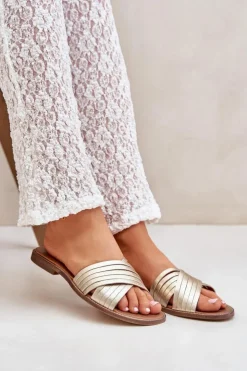 Best Boto Skórzane Damskie Klapki Lewski Shoes 3682 Złote Złoty