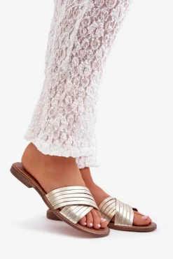 Best Boto Skórzane Damskie Klapki Lewski Shoes 3682 Złote Złoty