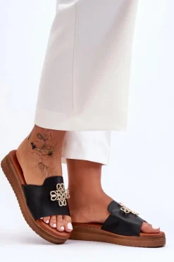 Damskie Boto Skórzane Damskie Klapki Na Platformie z Ozdobą Czarne Azera