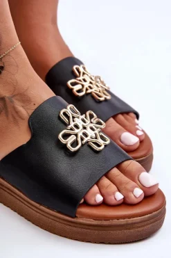 Damskie Boto Skórzane Damskie Klapki Na Platformie z Ozdobą Czarne Azera