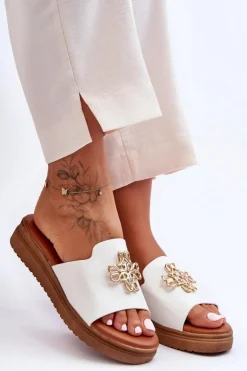 Boto Klapki Na Platformie|Klapki Damskie Klasyczne*Skórzane Damskie Klapki Na Platformie z Ozdobą Białe Azera