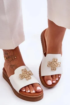 Boto Klapki Na Platformie|Klapki Damskie Klasyczne*Skórzane Damskie Klapki Na Platformie z Ozdobą Białe Azera