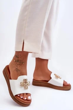 Boto Klapki Na Platformie|Klapki Damskie Klasyczne*Skórzane Damskie Klapki Na Platformie z Ozdobą Białe Azera