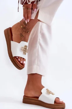 Boto Klapki Na Platformie|Klapki Damskie Klasyczne*Skórzane Damskie Klapki Na Platformie z Ozdobą Białe Azera