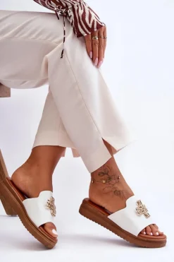 Boto Klapki Na Platformie|Klapki Damskie Klasyczne*Skórzane Damskie Klapki Na Platformie z Ozdobą Białe Azera