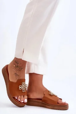 Damskie Boto Skórzane Damskie Klapki Na Platformie z Ozdobą Brązowe Azera