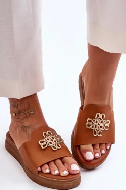 Damskie Boto Skórzane Damskie Klapki Na Platformie z Ozdobą Brązowe Azera