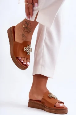 Damskie Boto Skórzane Damskie Klapki Na Platformie z Ozdobą Brązowe Azera