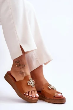 Damskie Boto Skórzane Damskie Klapki Na Platformie z Ozdobą Brązowe Azera