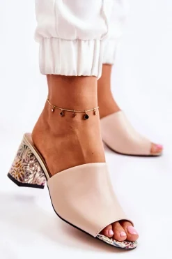 Damskie Boto Skórzane Damskie Klapki Na Obcasie Kwiaty Beżowe Nessita