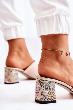 Damskie Boto Skórzane Damskie Klapki Na Obcasie Kwiaty Beżowe Nessita