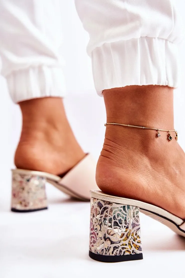 Damskie Boto Skórzane Damskie Klapki Na Obcasie Kwiaty Beżowe Nessita