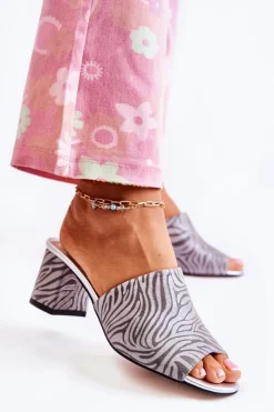 Damskie Boto Skórzane Damskie Klapki Na Obcasie Zebra Szare Nessita