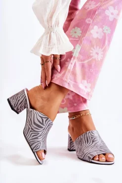 Damskie Boto Skórzane Damskie Klapki Na Obcasie Zebra Szare Nessita